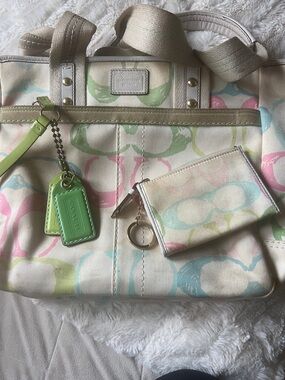 Coach Cream Multicolor Signature Canvas Tote with Green Tag